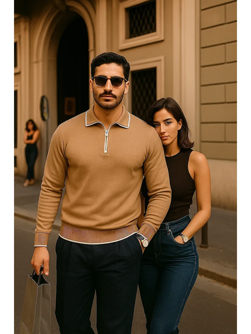 Kahverengi Erkek Fermuarlı Camel Uzun Kollu Polo Yaka Triko Kazak-2