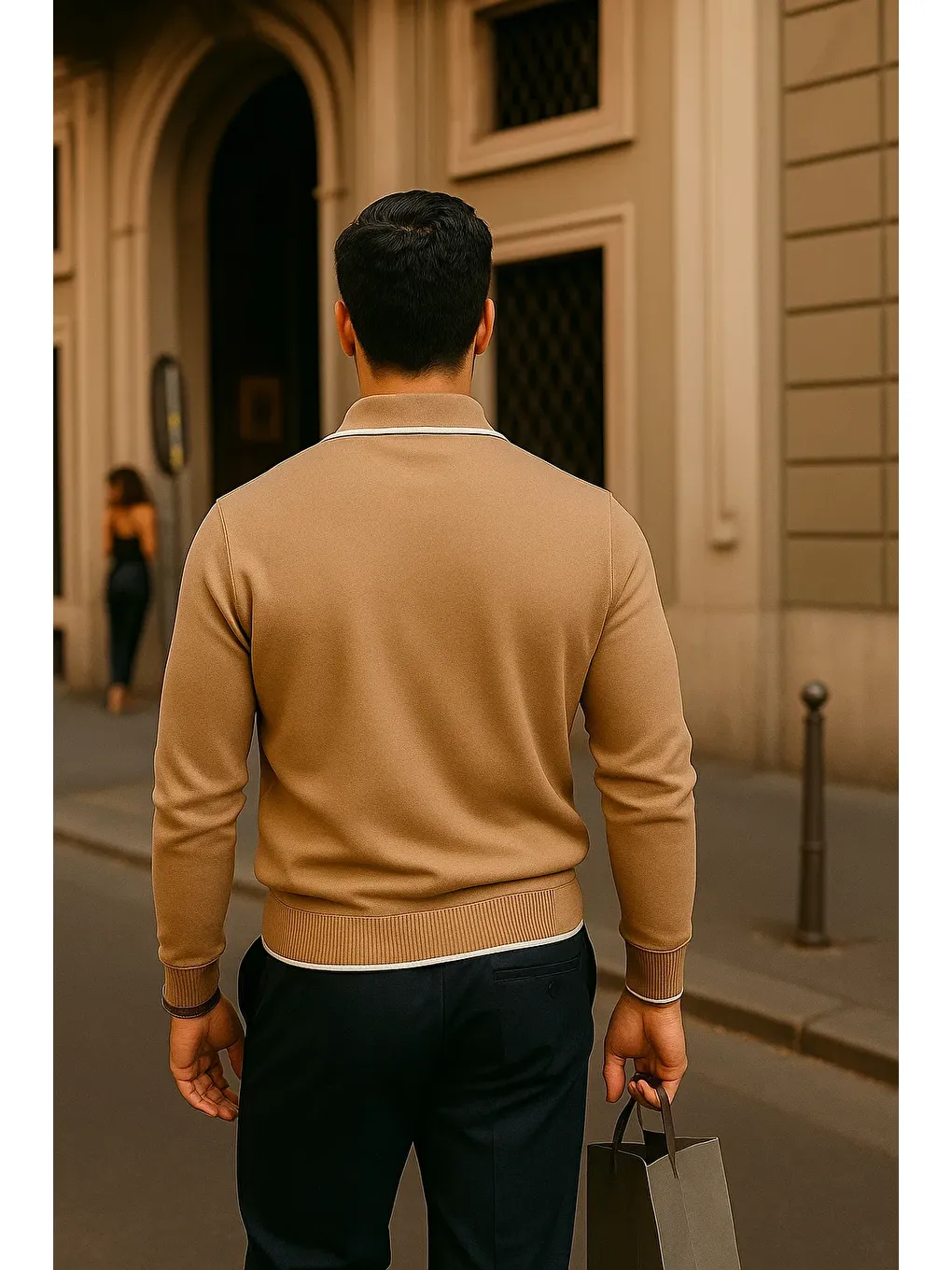 Kahverengi Erkek Fermuarlı Camel Uzun Kollu Polo Yaka Triko Kazak-4