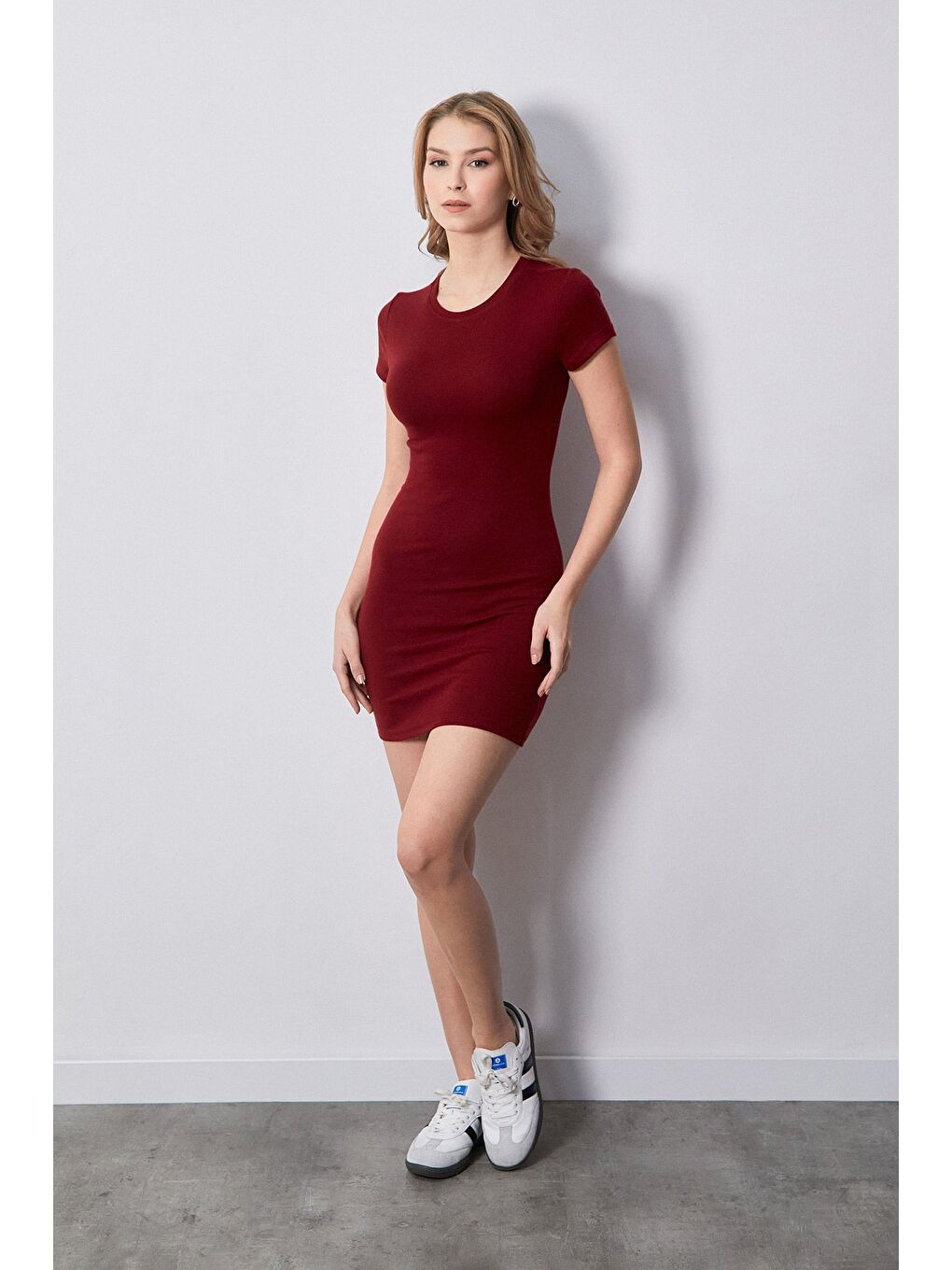 Fullamoda Bordo Basic Bisiklet Yaka Elbise