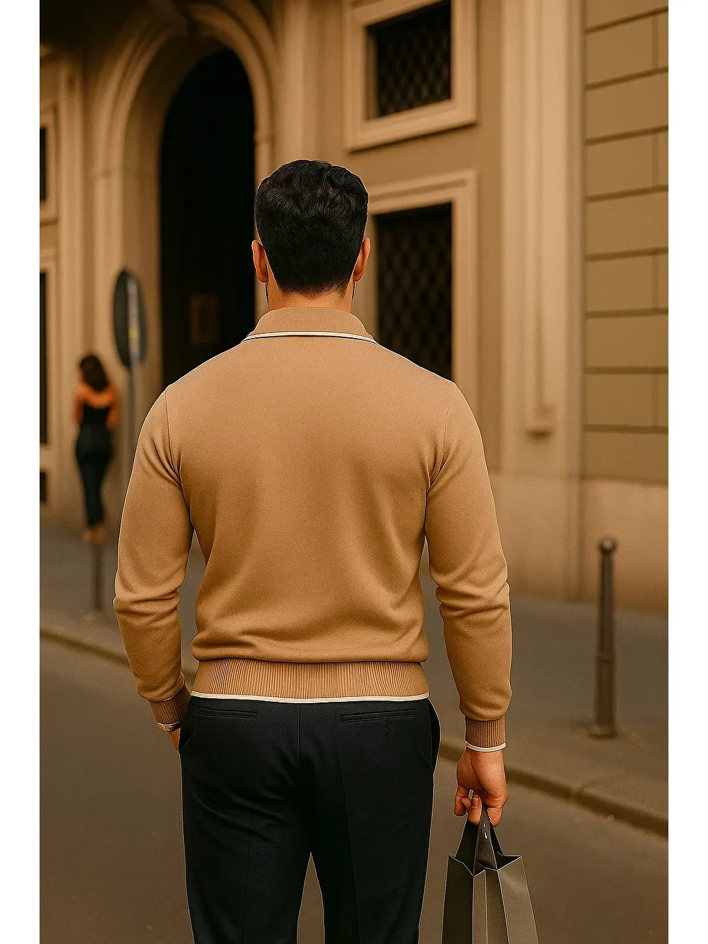 Kahverengi Erkek Fermuarlı Camel Uzun Kollu Polo Yaka Triko Kazak-5