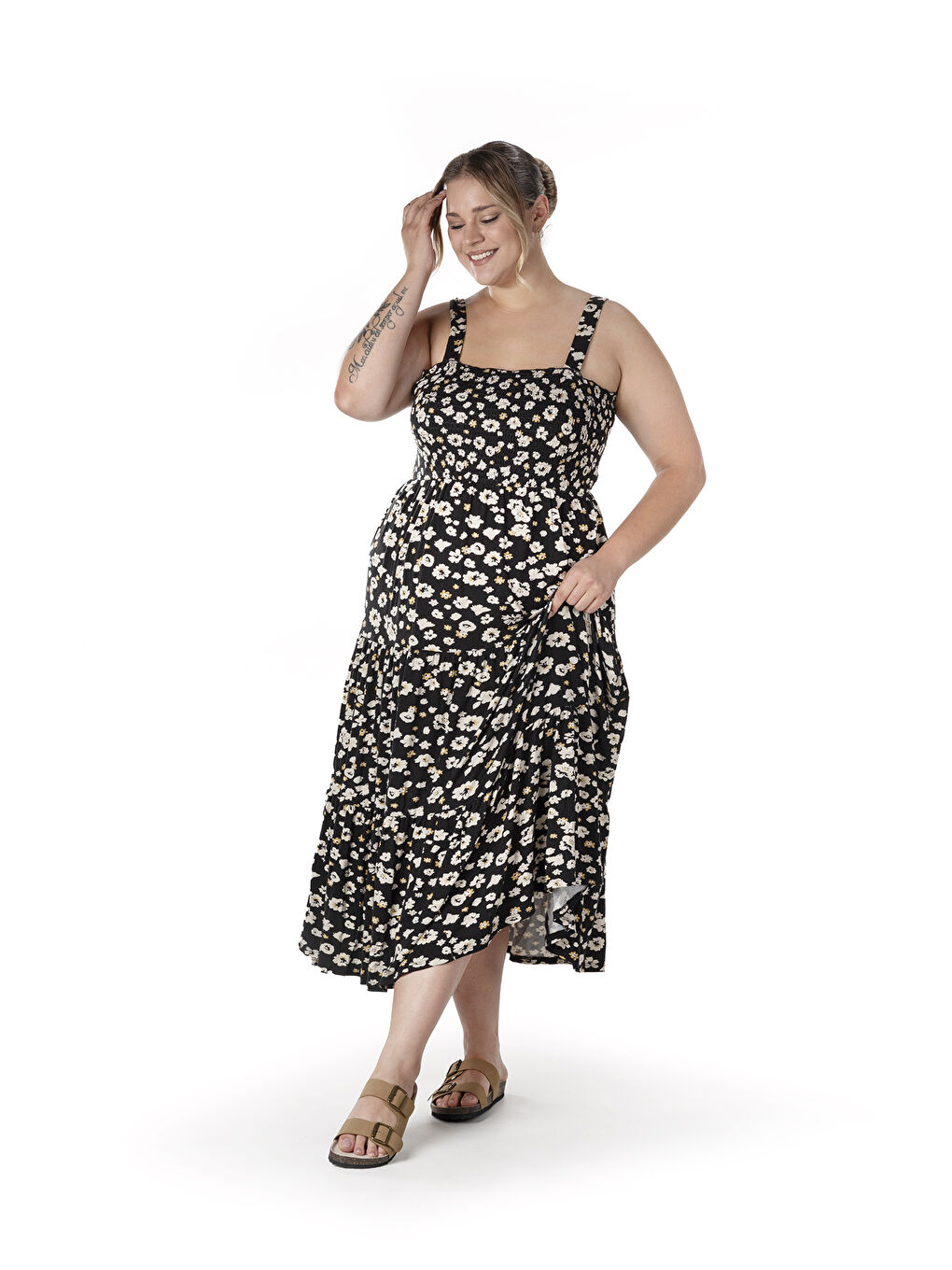 Sarı Büyük Beden Çiçek Desenli Kalın Askılı Beli Lastikli Elbise T-83-4