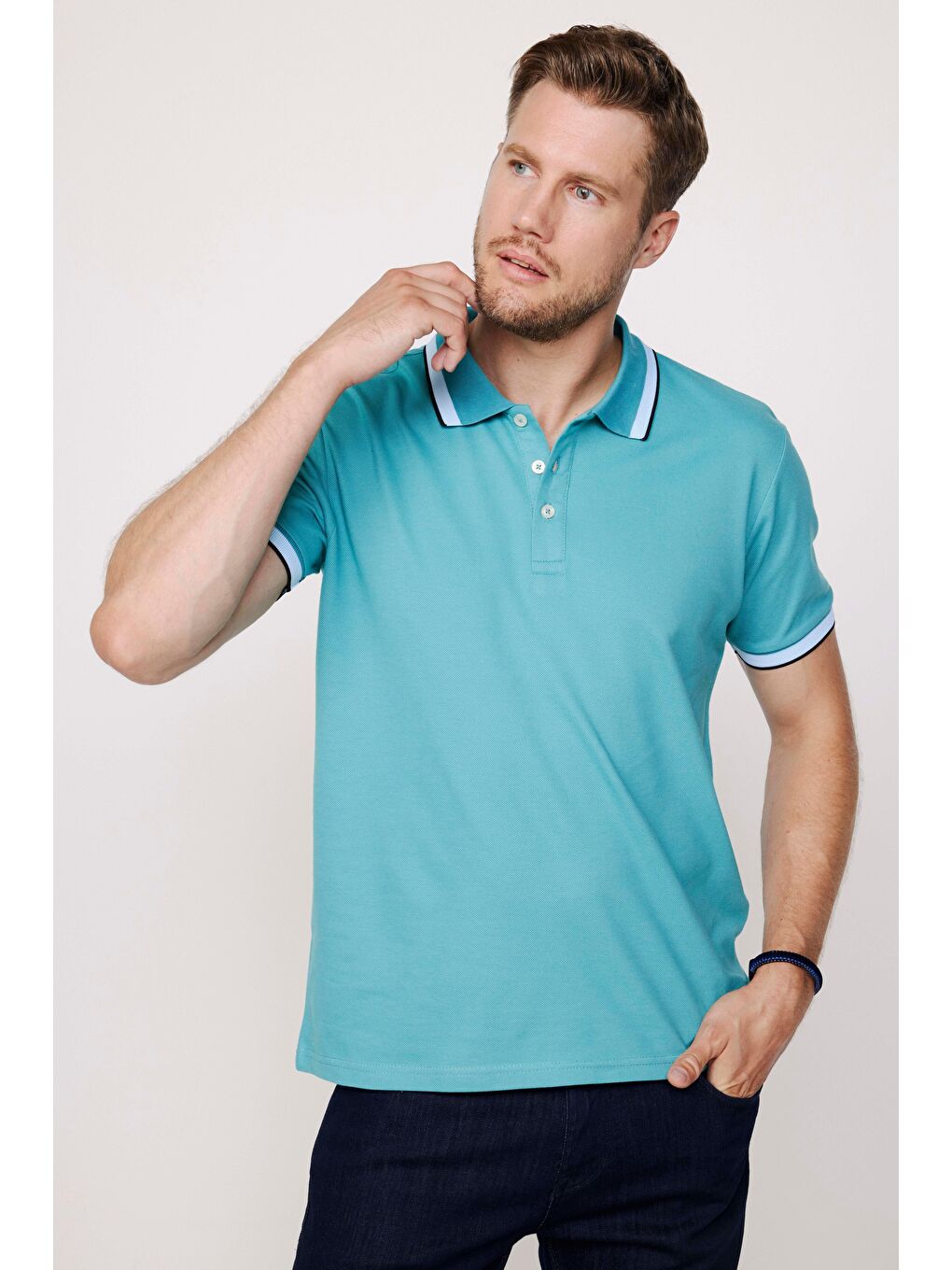Karışık Erkek 3'lü Paket Turkuaz-Açık Mavi-Yeşil Slim Fit Dar Kesim Pamuklu Düz Pike Polo Yaka Tişört-3