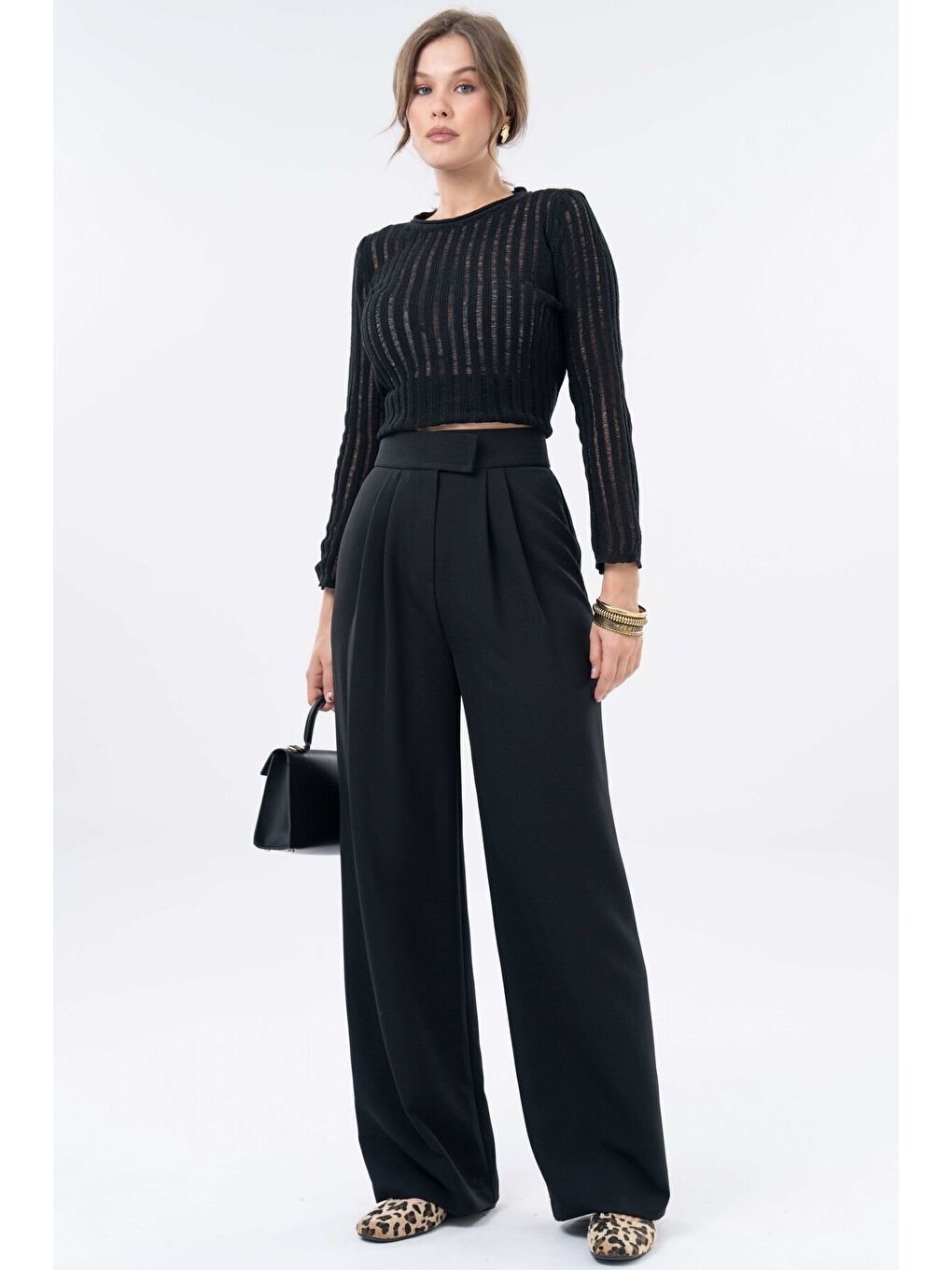 Siyah Yüksek Bel Cırtlı Kapama Çift Pile Dokuma Palazzo Pantolon-4