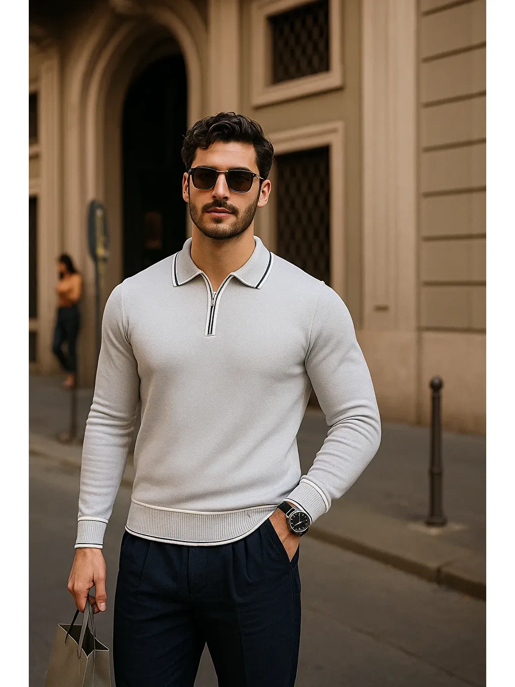 Erkek Fermuarlı Gri Uzun Kollu Polo Yaka Triko Kazak-1