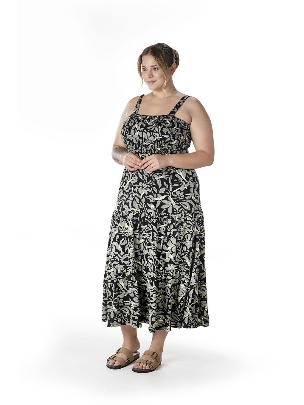 Haki Büyük Beden Çiçek Desenli Kalın Askılı Beli Lastikli Elbise T-81-1