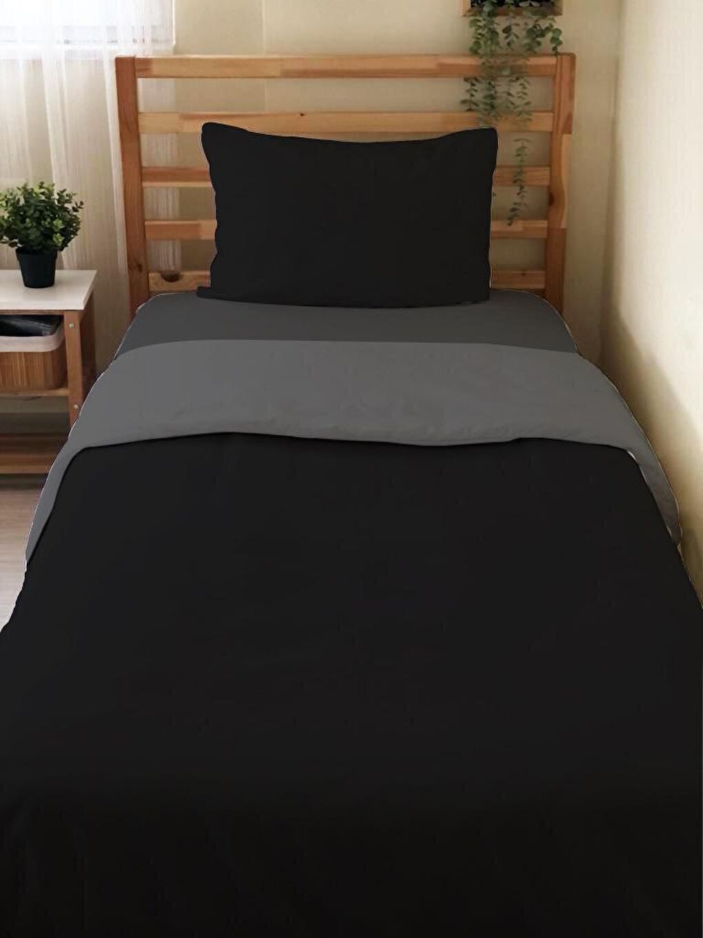 Karışık Çift Taraflı Düz Siyah Çarşafsız Takım Tek Kişilik Nevresim Takımı 160x220 Cm