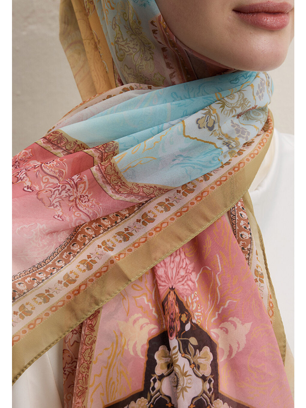 Sarı Amelıa Desen İpek Krep Şal Işığı-2