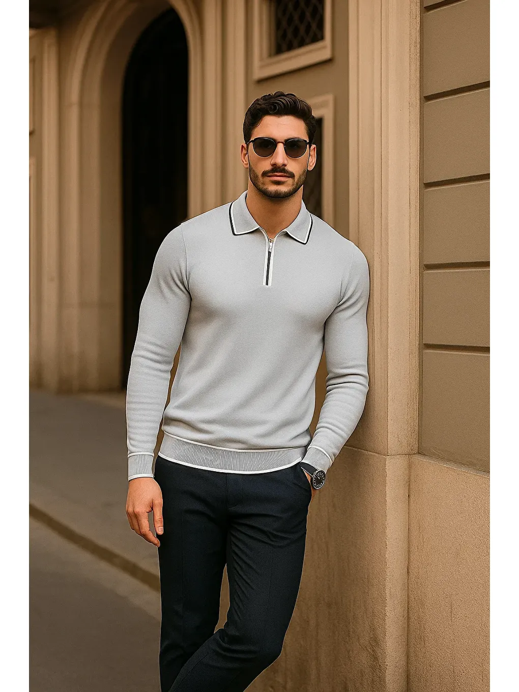 Erkek Fermuarlı Gri Uzun Kollu Polo Yaka Triko Kazak-2