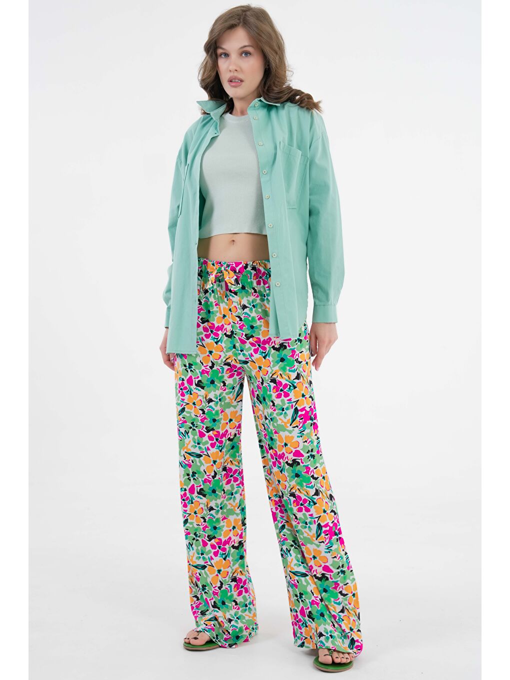 Karışık Çok Renkli Kadın Desenli Beli Lastikli Bağlamalı Bol Paça Dokuma Pantolon - Viskon-1