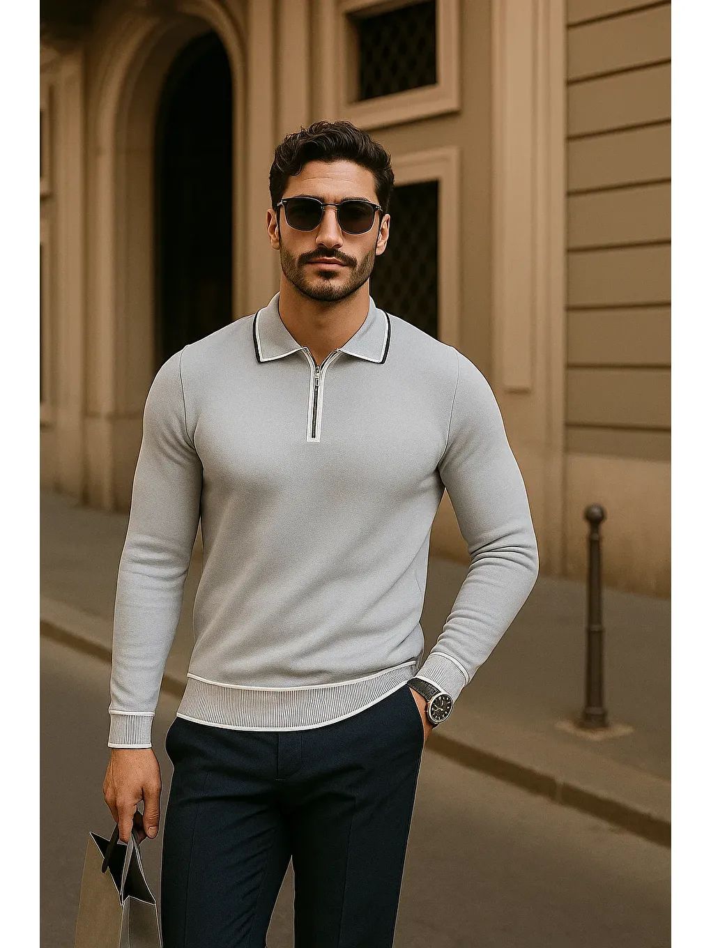 Erkek Fermuarlı Gri Uzun Kollu Polo Yaka Triko Kazak-3