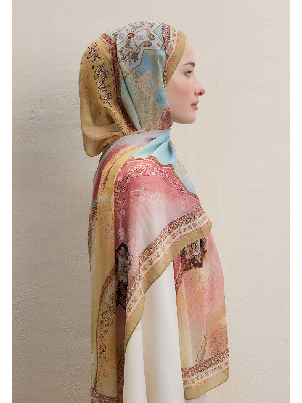 Sarı Amelıa Desen İpek Krep Şal Işığı-4