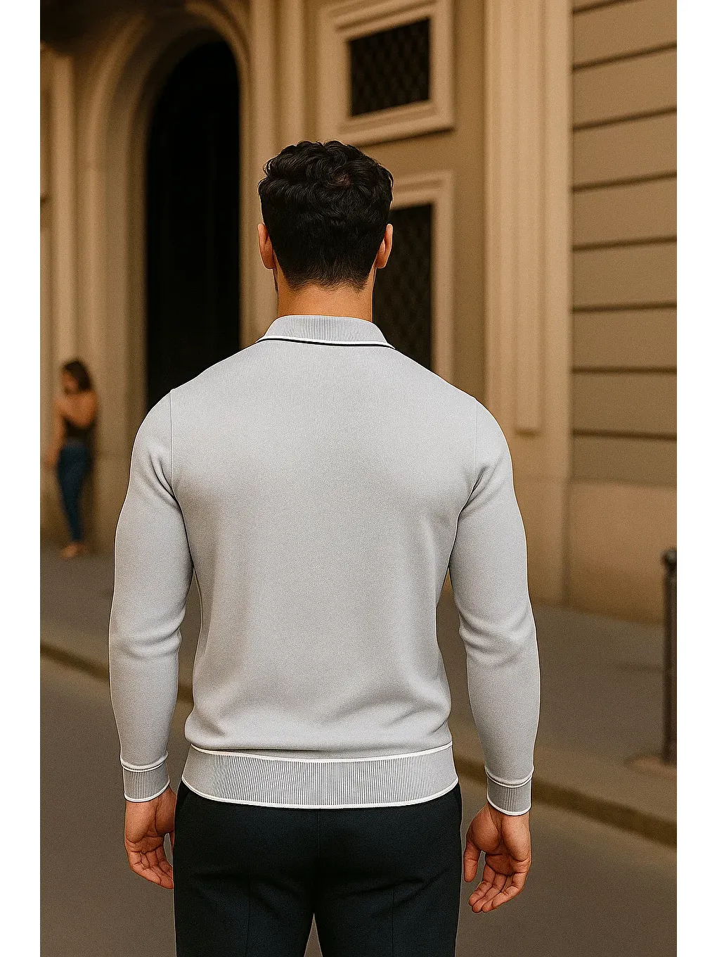 Erkek Fermuarlı Gri Uzun Kollu Polo Yaka Triko Kazak-4