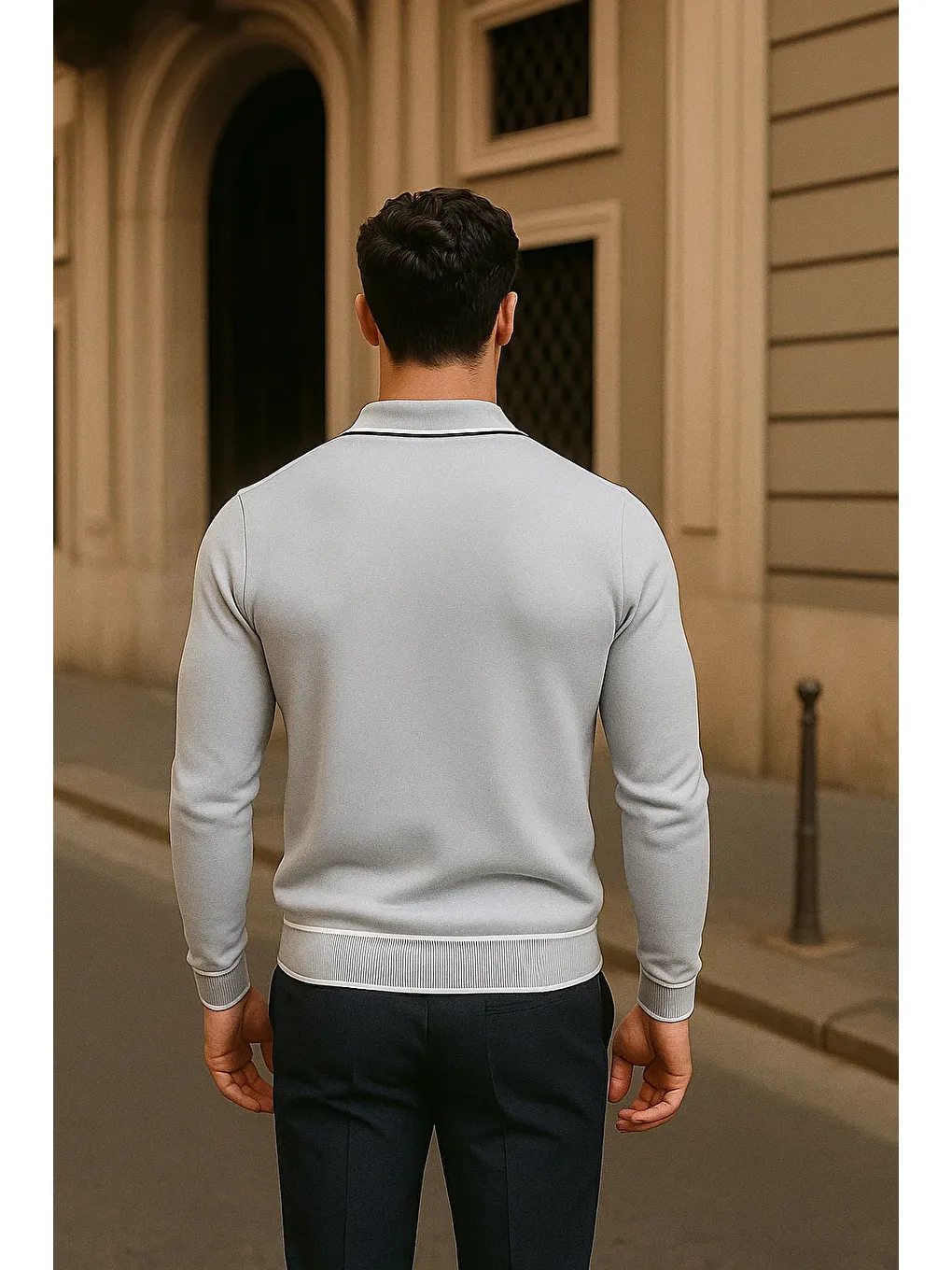 Erkek Fermuarlı Gri Uzun Kollu Polo Yaka Triko Kazak-5