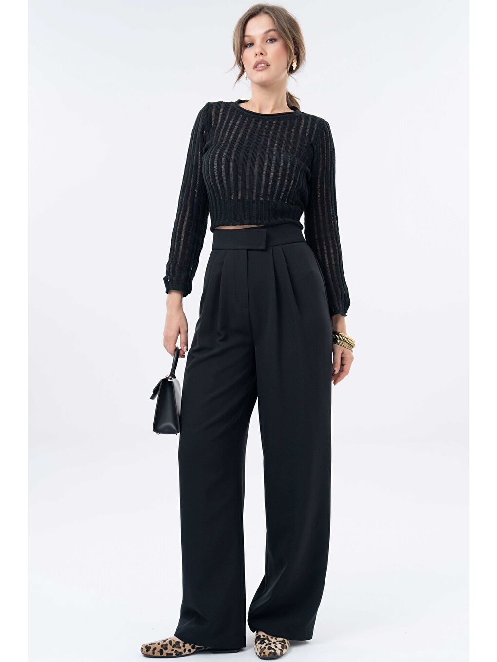 Siyah Yüksek Bel Cırtlı Kapama Çift Pile Dokuma Palazzo Pantolon-5
