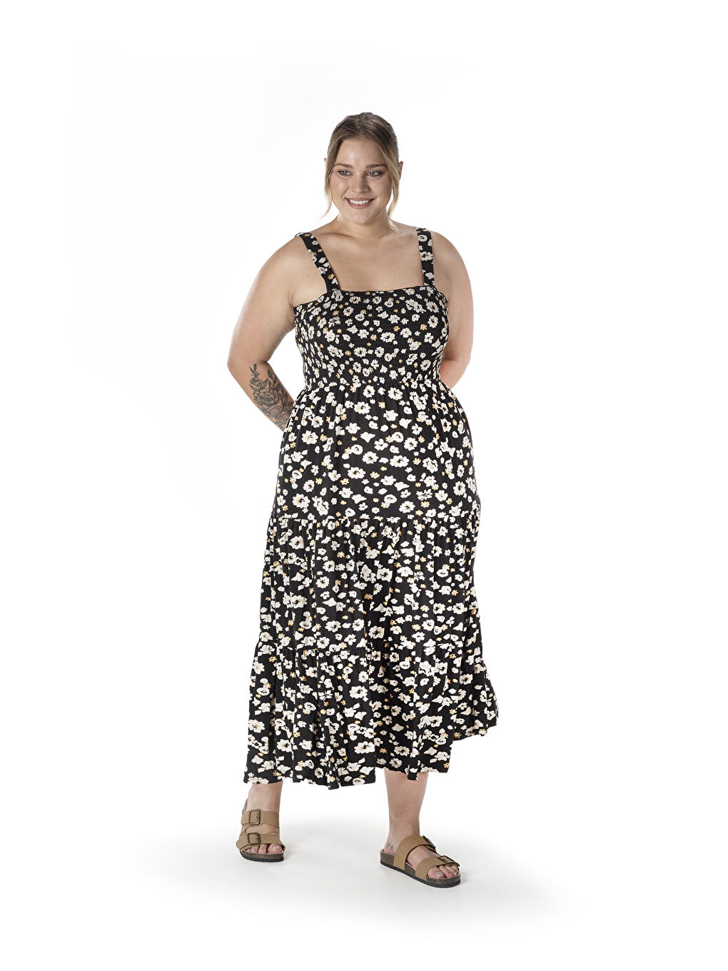 Sarı Büyük Beden Çiçek Desenli Kalın Askılı Beli Lastikli Elbise T-83-5