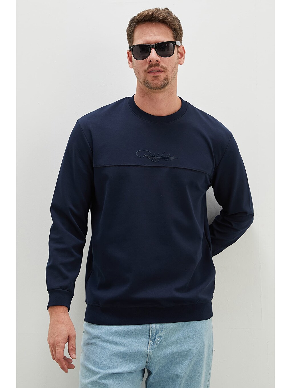 Lacivert Kabartma Baskılı Çimalı Bisiklet Yaka Sweatshirt