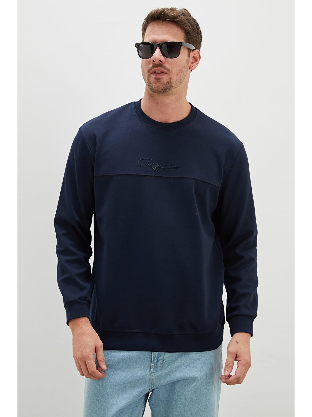 Lacivert Kabartma Baskılı Çimalı Bisiklet Yaka Sweatshirt-1