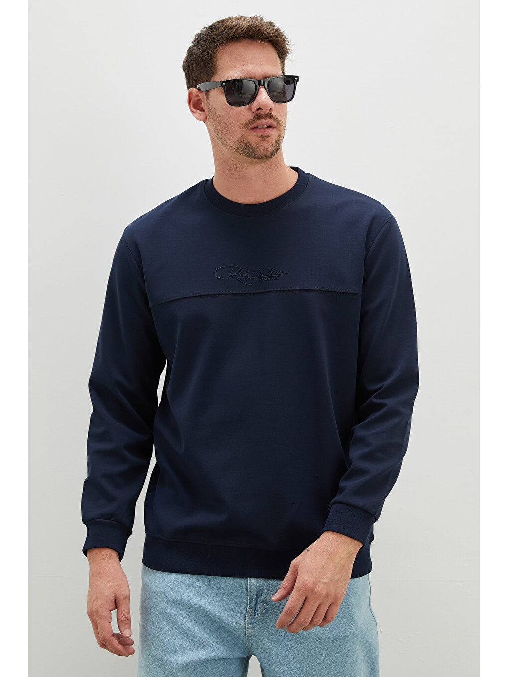 Lacivert Kabartma Baskılı Çimalı Bisiklet Yaka Sweatshirt-3