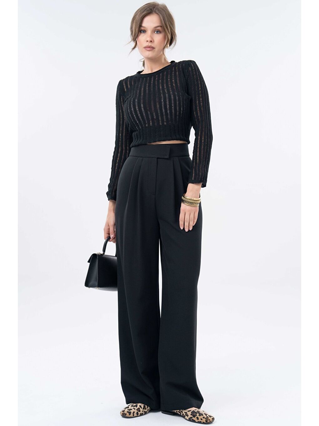 Siyah Yüksek Bel Cırtlı Kapama Çift Pile Dokuma Palazzo Pantolon-6
