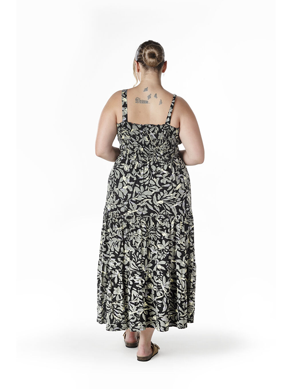 Haki Büyük Beden Çiçek Desenli Kalın Askılı Beli Lastikli Elbise T-81-3