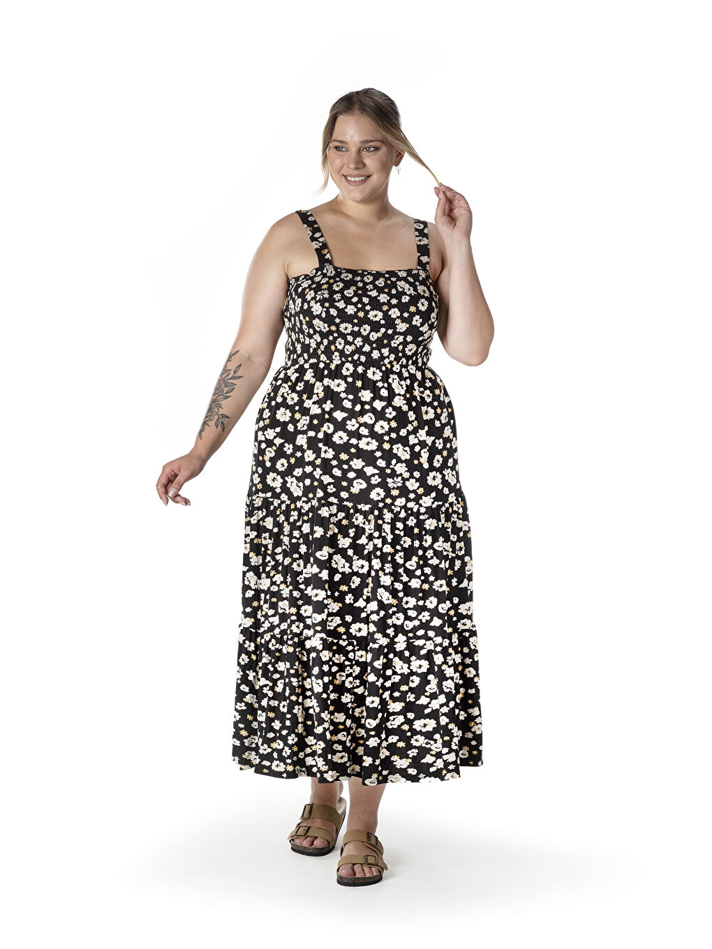 Sarı Büyük Beden Çiçek Desenli Kalın Askılı Beli Lastikli Elbise T-83-6