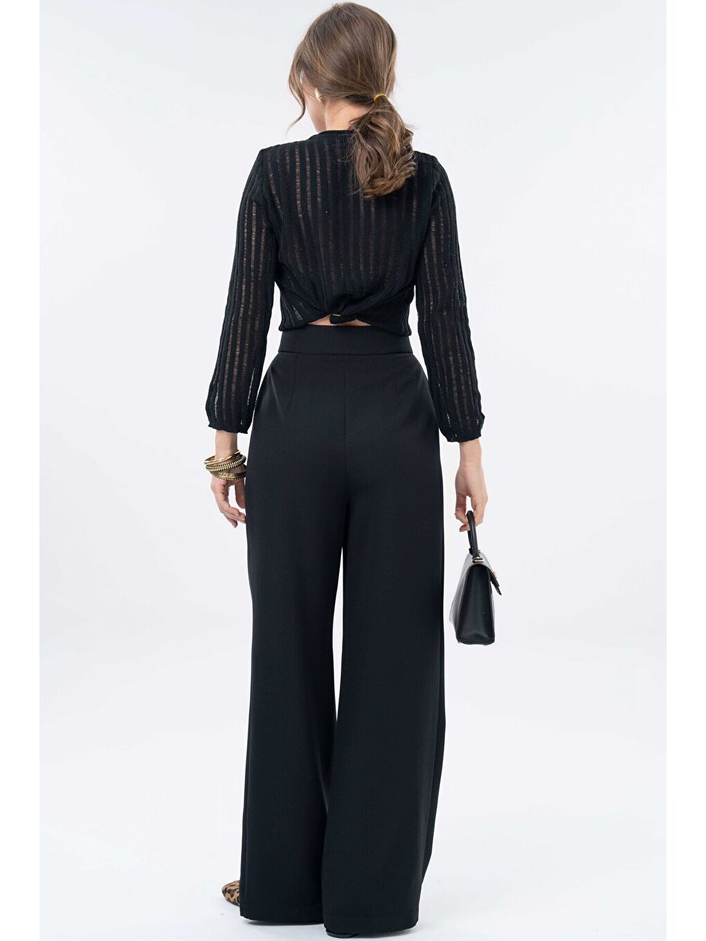 Siyah Yüksek Bel Cırtlı Kapama Çift Pile Dokuma Palazzo Pantolon-7