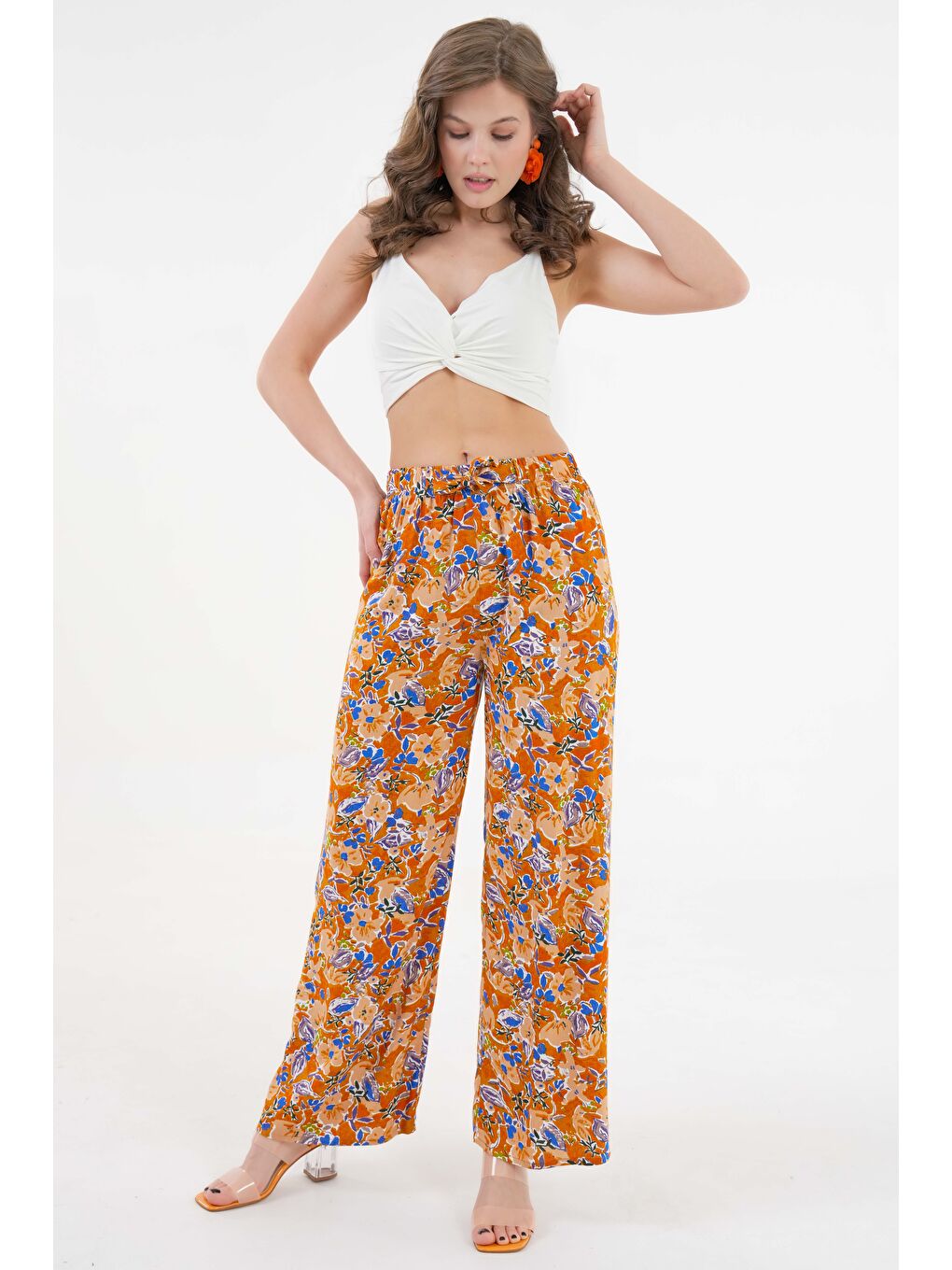 Kahverengi Kamel Kadın Desenli Beli Lastikli Bağlamalı Bol Paça Dokuma Pantolon - Viskon