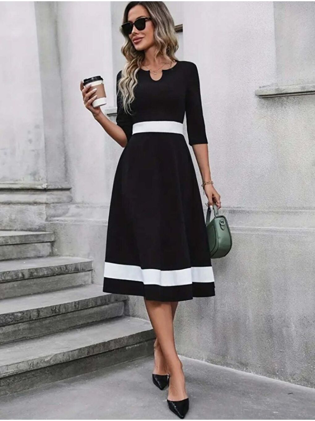 Siyah Kadın Truvakar Kol V Yakalı Janjan Krep Midi Elbise-1