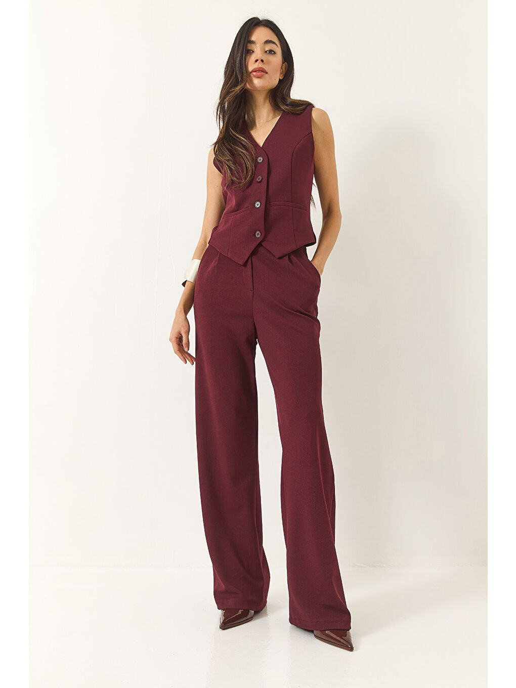 Bordo Kadın Yüksek Bel Rahat Palazzo Pantolonlu Yelekli Örme Alt-Üst Takım-1