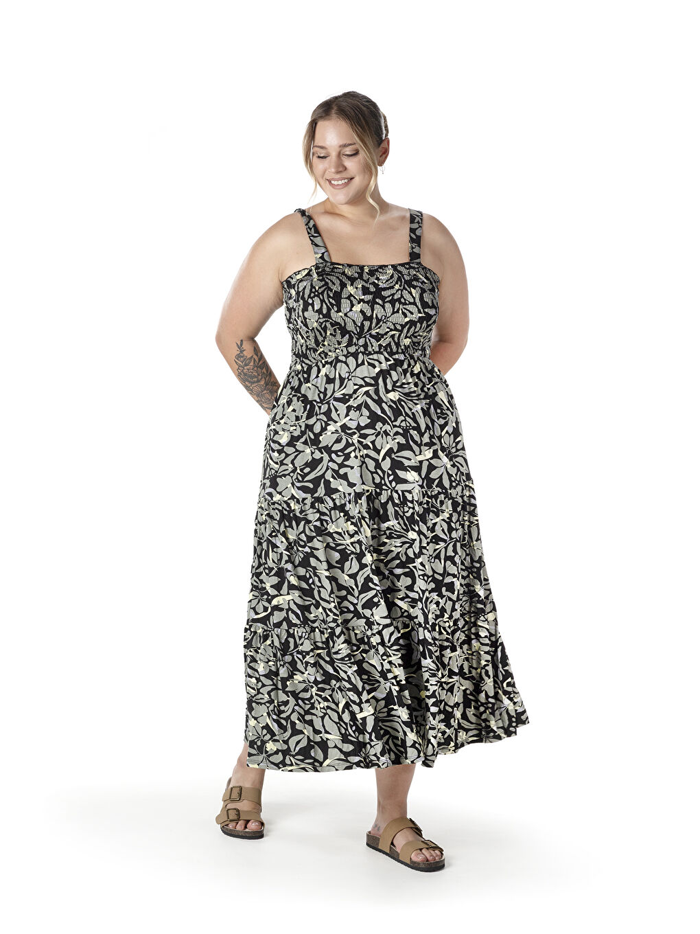 Haki Büyük Beden Çiçek Desenli Kalın Askılı Beli Lastikli Elbise T-81-4