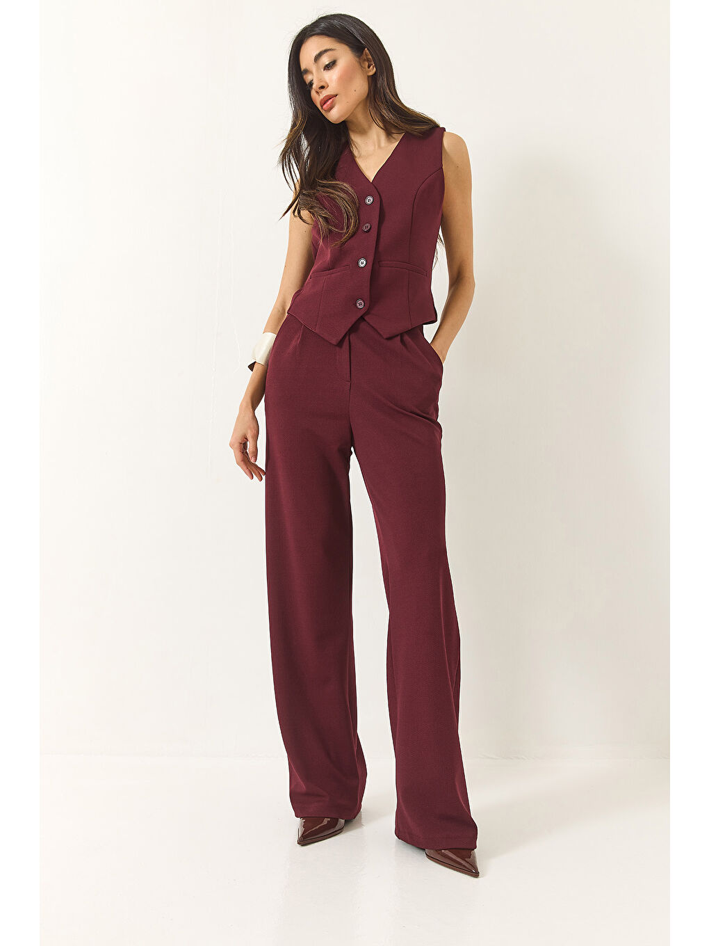 Bordo Kadın Yüksek Bel Rahat Palazzo Pantolonlu Yelekli Örme Alt-Üst Takım-2