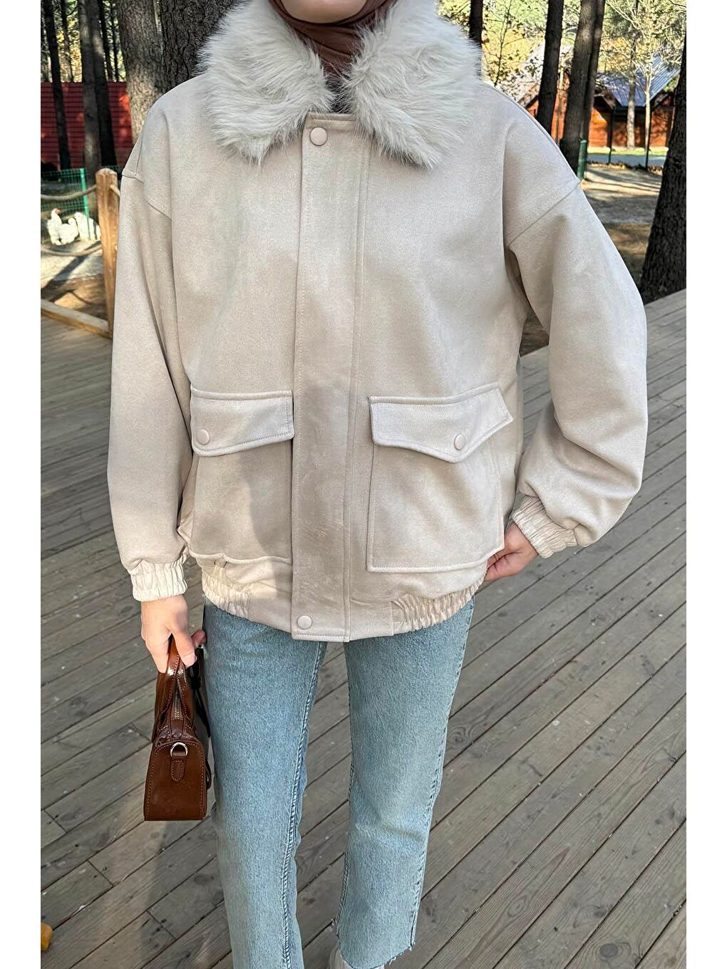 Kürk Yaka Cepli Mont Bej-2