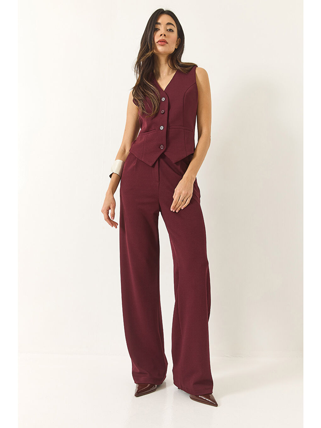 Bordo Kadın Yüksek Bel Rahat Palazzo Pantolonlu Yelekli Örme Alt-Üst Takım-3