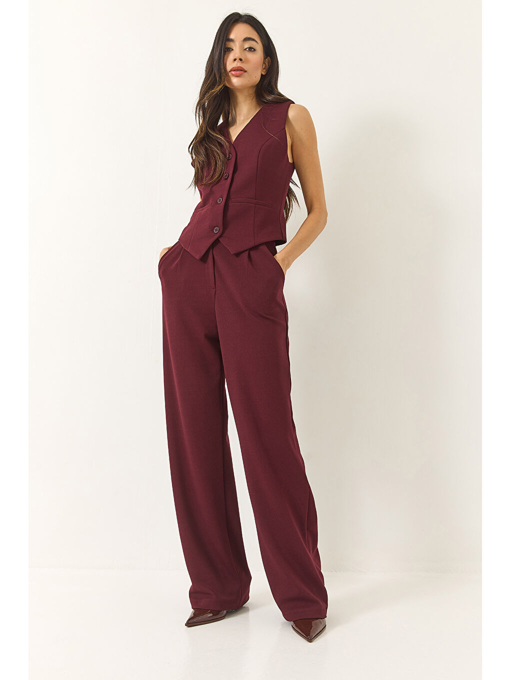 Bordo Kadın Yüksek Bel Rahat Palazzo Pantolonlu Yelekli Örme Alt-Üst Takım-4