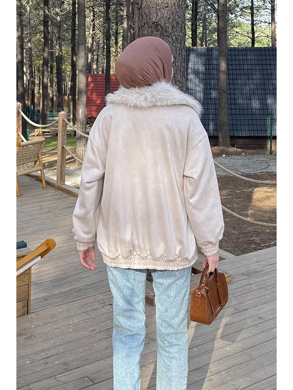 Kürk Yaka Cepli Mont Bej-3