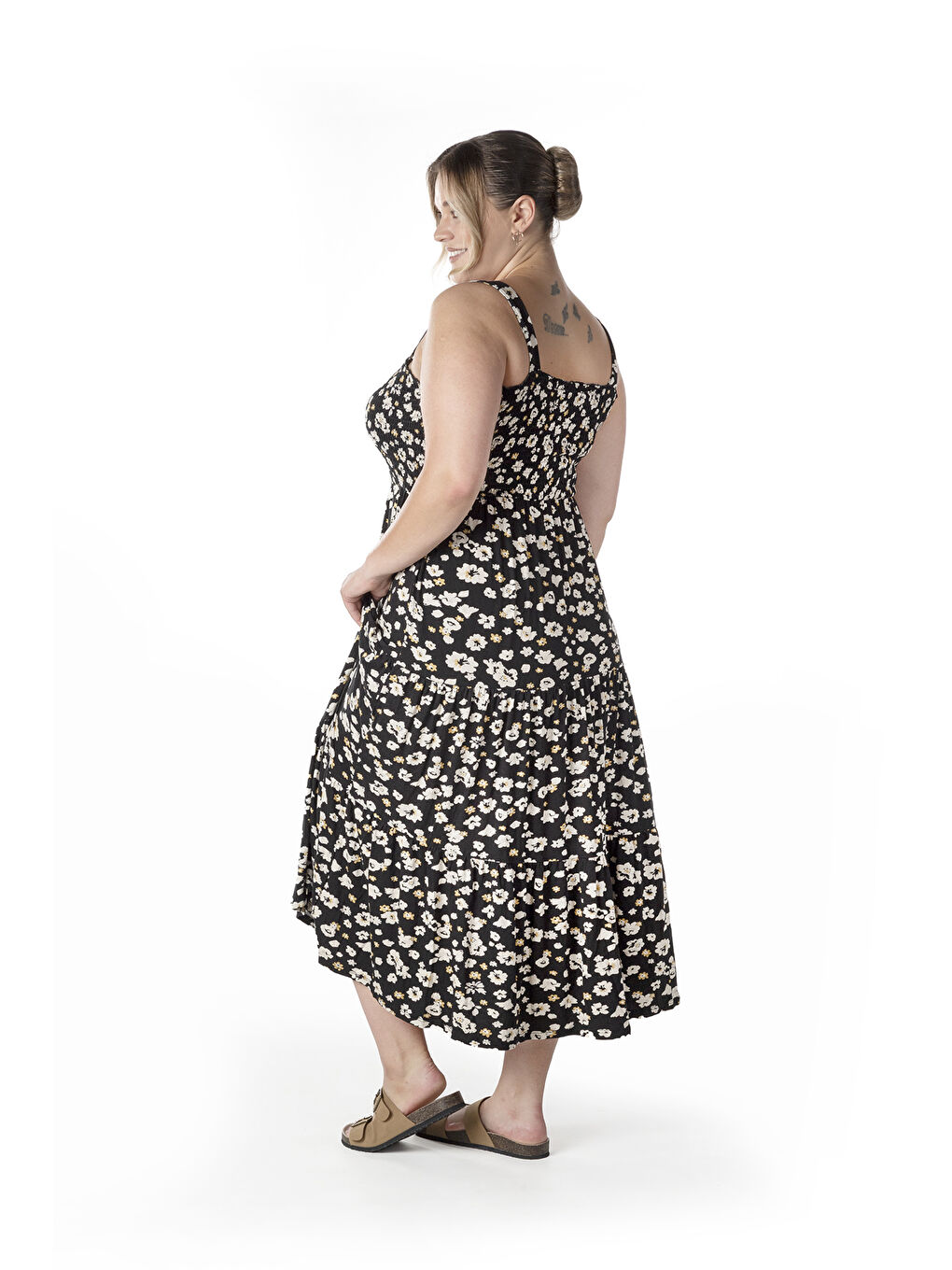 Sarı Büyük Beden Çiçek Desenli Kalın Askılı Beli Lastikli Elbise T-83-7