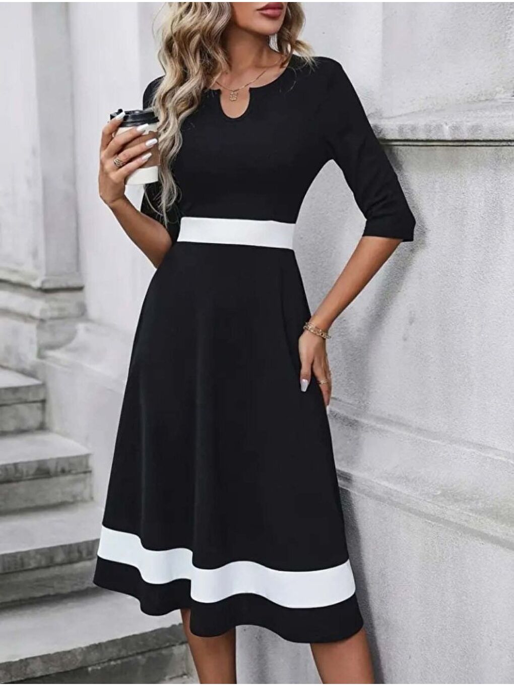 Siyah Kadın Truvakar Kol V Yakalı Janjan Krep Midi Elbise-2