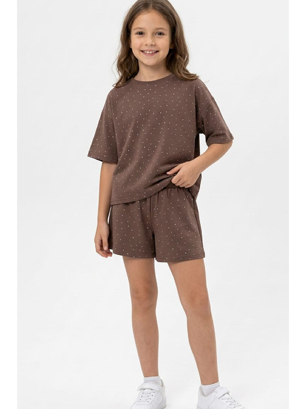 Kahverengi Kız Çocuk Taş Süslemeli Şortlu Alt-Üst Takım 4-12 Yaş 12561