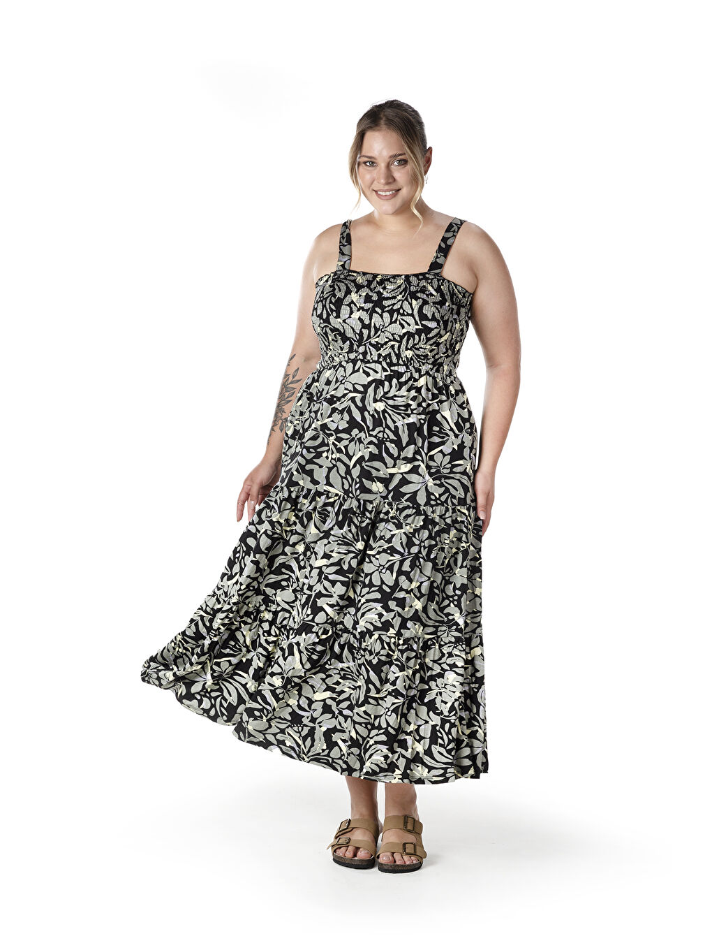 Haki Büyük Beden Çiçek Desenli Kalın Askılı Beli Lastikli Elbise T-81-5