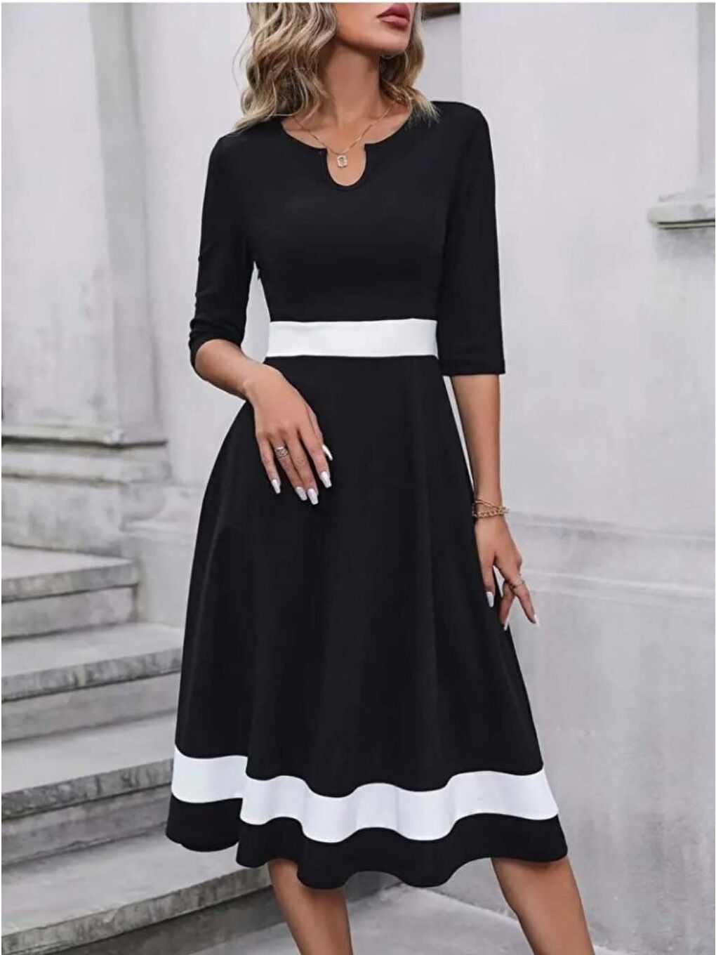 Siyah Kadın Truvakar Kol V Yakalı Janjan Krep Midi Elbise-3