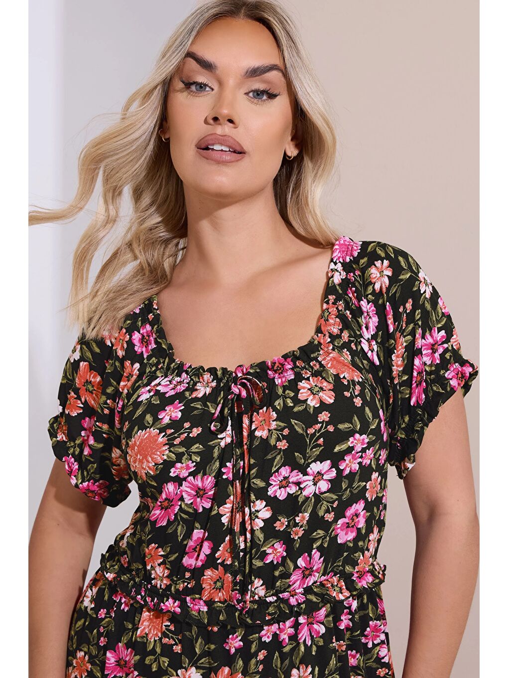 Karışık Büyük Beden Kısa Kollu Çiçek Desenli Yakası Büzgülü Maxi Elbise 270237-1