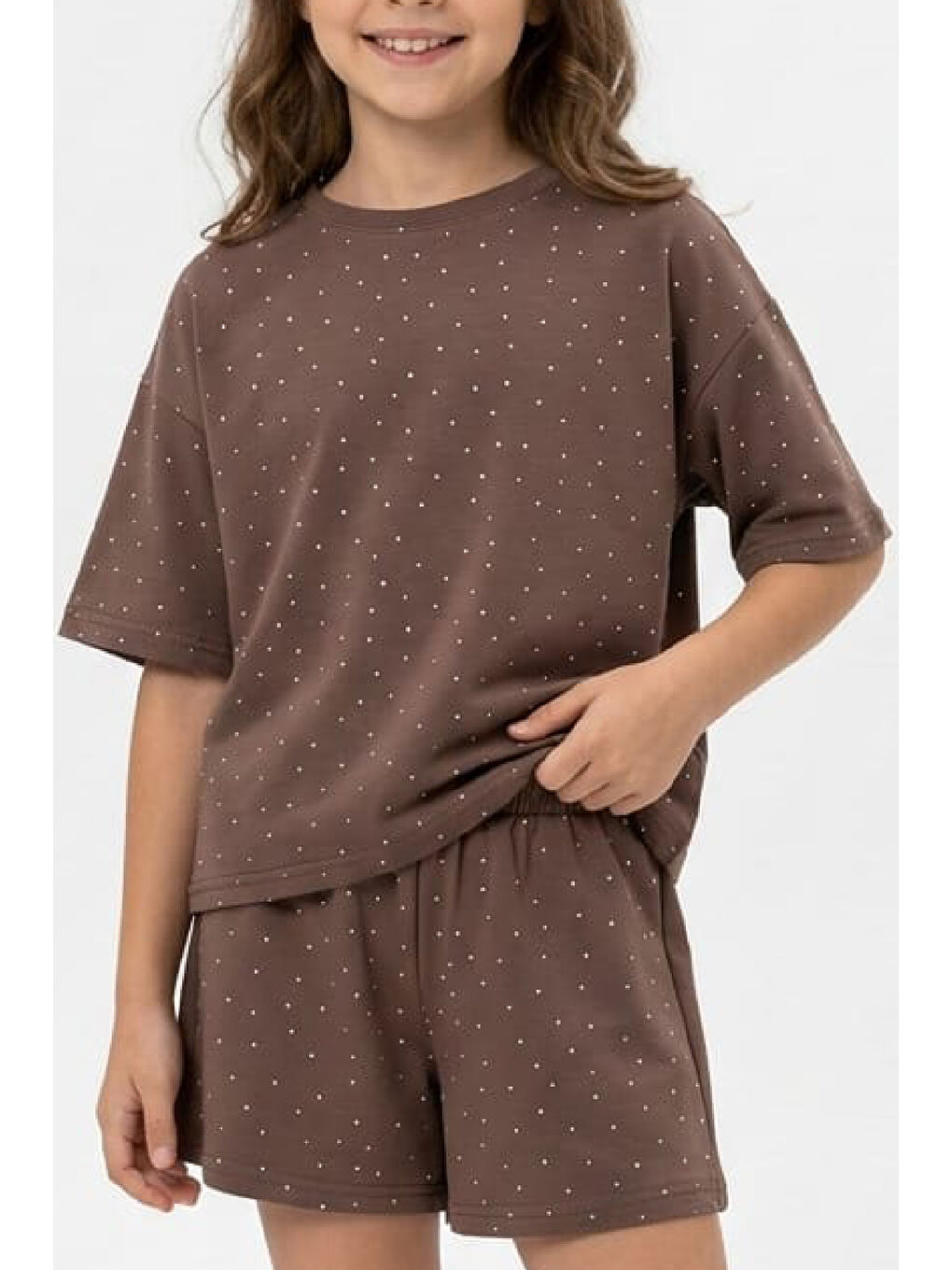 Kahverengi Kız Çocuk Taş Süslemeli Şortlu Alt-Üst Takım 4-12 Yaş 12561-1