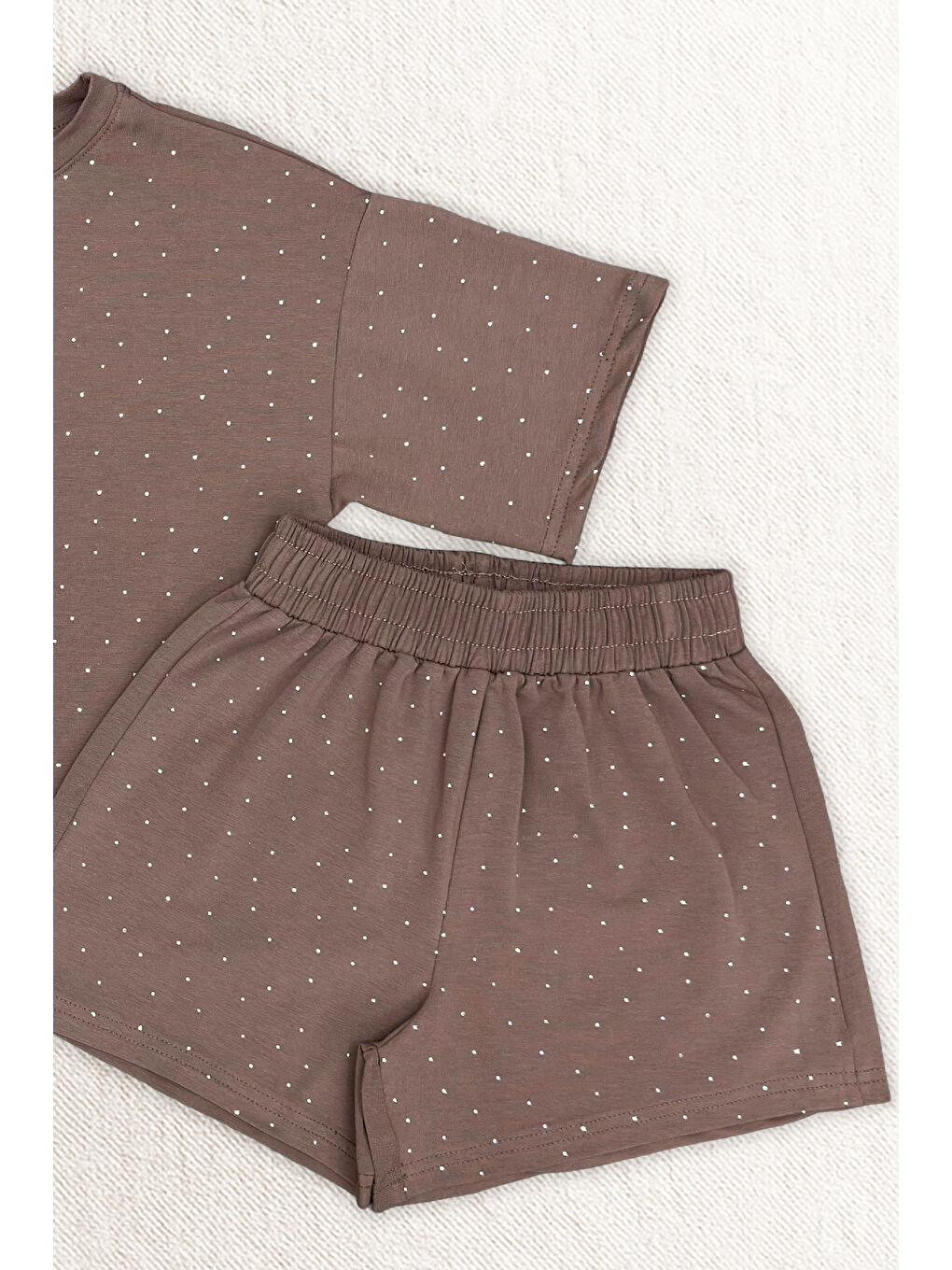 Kahverengi Kız Çocuk Taş Süslemeli Şortlu Alt-Üst Takım 4-12 Yaş 12561-2