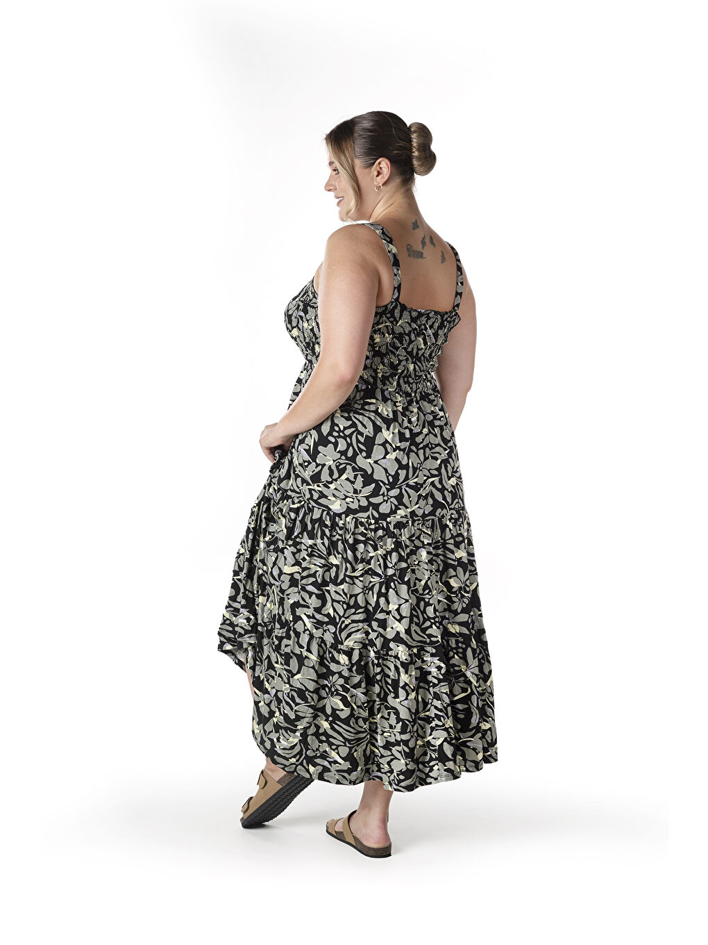 Haki Büyük Beden Çiçek Desenli Kalın Askılı Beli Lastikli Elbise T-81-6