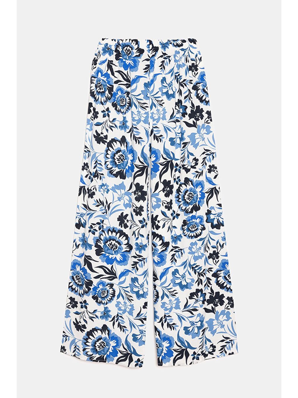 Mavi Çiçekli Kadın Desenli Beli Lastikli Bağlamalı Bol Paça Dokuma Pantolon - Viskon-1