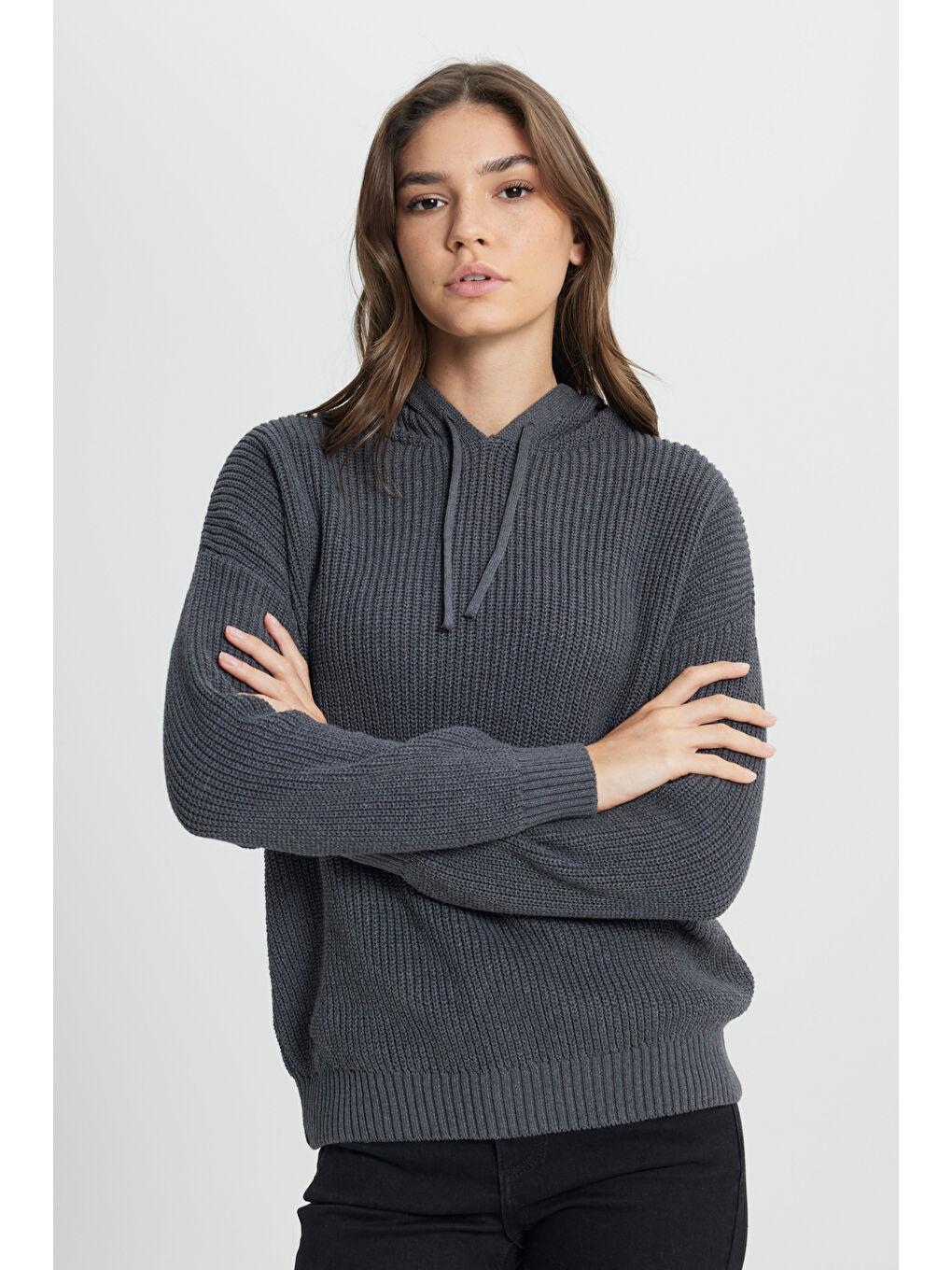 Gri Relaxed Fit Geniş Kesim Kapüşonlu Antrasit Triko Kazak-1