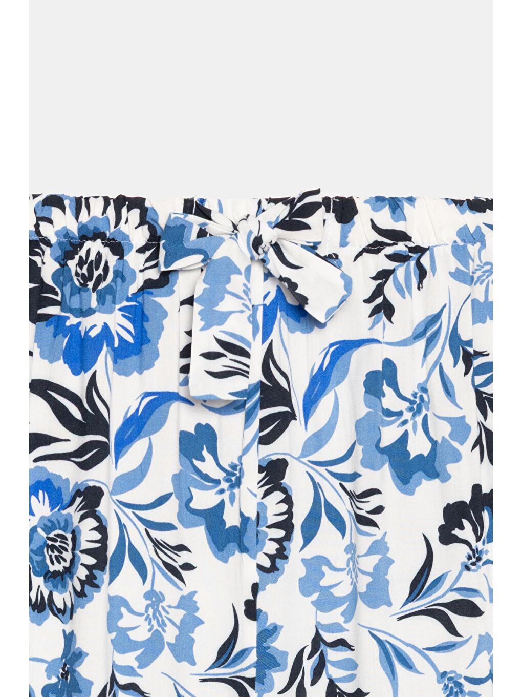 Mavi Çiçekli Kadın Desenli Beli Lastikli Bağlamalı Bol Paça Dokuma Pantolon - Viskon-2