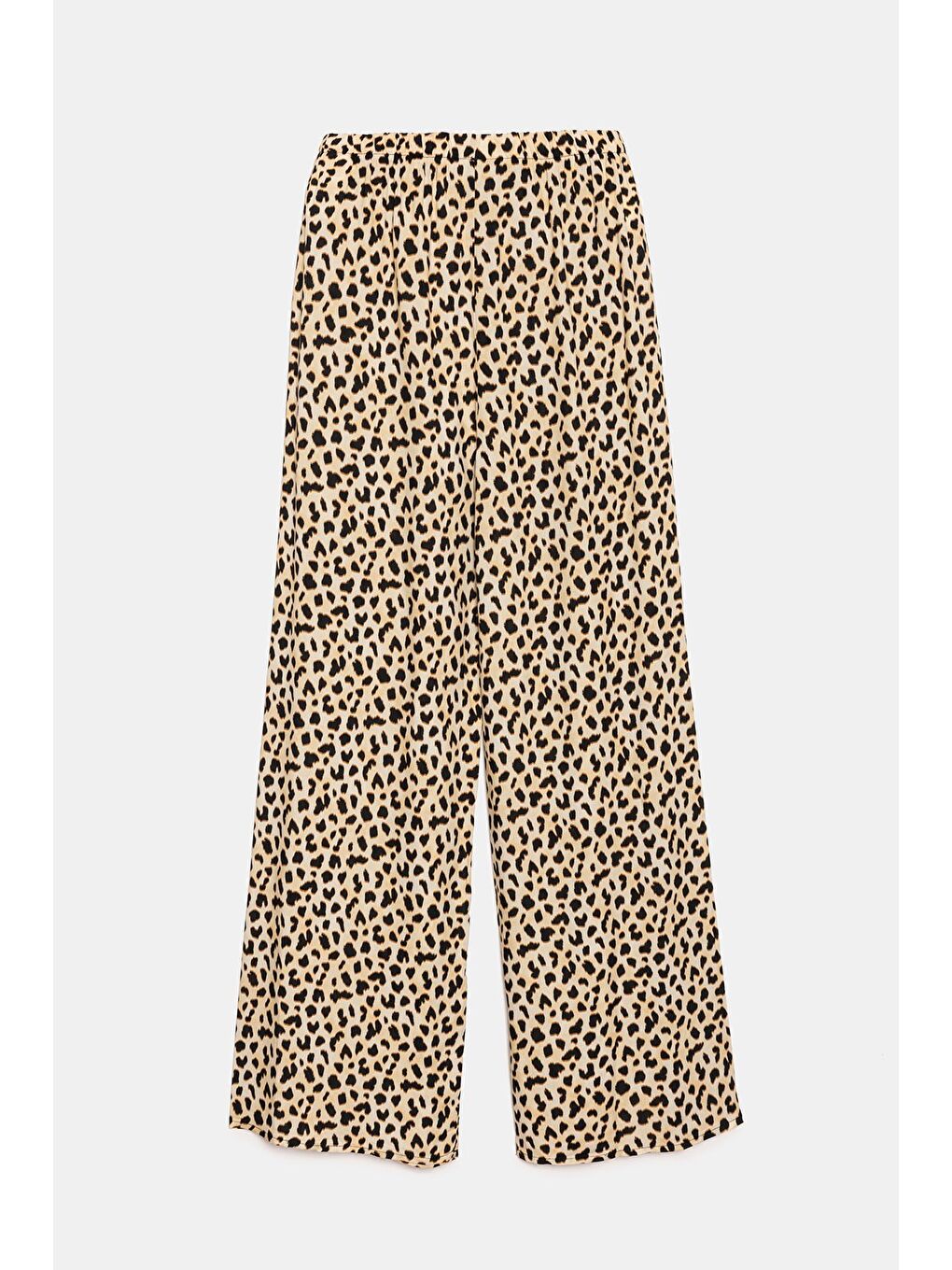 Siyah Leopar Desenli Kadın Desenli Beli Lastikli Bağlamalı Bol Paça Dokuma Pantolon - Viskon-4