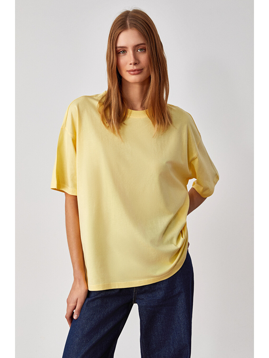 Sarı LAGERTHA Kadın %100 organik Pamuklu Kalın Dokulu Oversize Fit Yuvarlak Yakalı SARI T-Shirt-2