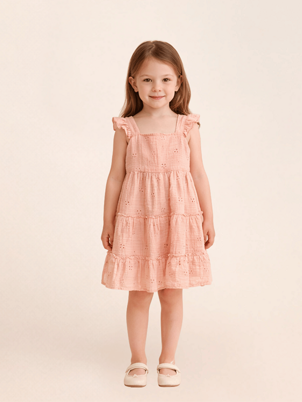 Pembe Kare Yaka Kısa Kollu Kız Çocuk Elbise